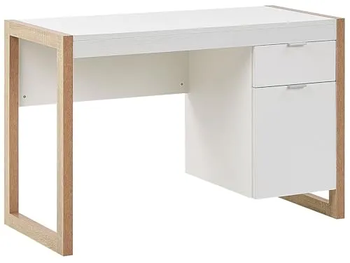 Moderner Bürotisch mit Schublade & Schrank von Johnson - Hochwertiger Kinderschreibtisch in Weiß und Holzoptik, skandinavisches Design, pflegeleicht und ideal für kreative Arbeitsplätze.
