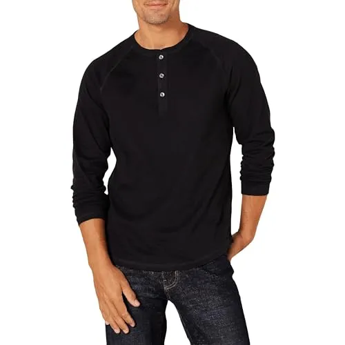 Amazon Essentials Herren Langarm-Henleyshirt aus 100% Baumwolle, Schwarz, L