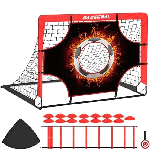 BaseGoal Kinder Fussballtore, 3 in 1 Fußballtor Training Set mit Zieltuch und Bullseye, Kegel und Tragetasche, Faltbare Hochwertigen Tornetzen für Indoor Outdoor und Garten Sports -120x90x90cm