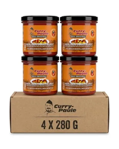 CurryPaule Currywurst im Glas 4x280g – Echte Berliner Currywurst ohne Darm | Ungekühlt haltbar | Mit original Curry-Paule Ketchup