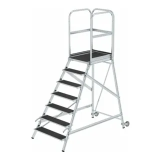 MUNK Podesttreppe einseitig begehbar mit Rollen & Griffen - Stabile Aluminium Podesttreppe mit 7 Stufen und großräumiger Plattform (600 x 800 mm) für sicheres Arbeiten. Ideal für Baustellen und Werkstätten, bis 150 kg belastbar.