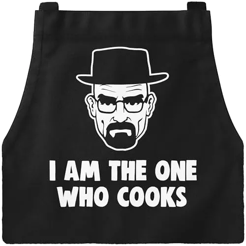 Produktbild MoonWorks® Grill-Schürze für Männer mit Spruch I am the one who cooks Baumwoll-Schürze Küchenschürze Schwarz unisize