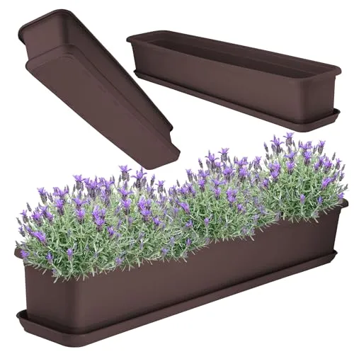 KADAX Blumenkasten 80 cm Braun mit Untersetzer – Balkonkasten aus Kunststoff, Pflanzkasten für Innen- und Außenbereiche, Blumentopf für Balkon, Terrasse, Fensterbank