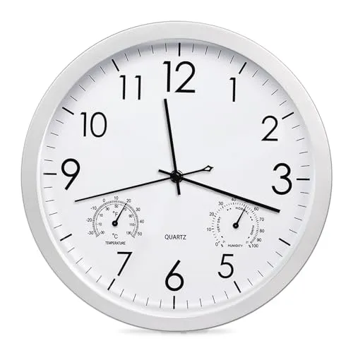 BORDEAG Gartenuhr Wetterfest, Wanduhr Ohne Tickgeräusche mit Temperatur und Luftfeuchtigkeit, Wanduhren 30CM, Küchenuhr, Große Wanduhr Modern für Wohnzimmer Küche Zuhause Schlafzimmer Büro(Weiss)