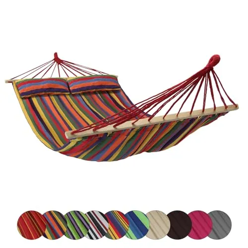 BB Sport Stabhängematte 240 x 150cm mit 2 Kissen – Doppelhängematte für 2 Personen - Hochwertige Doppelhängematte für entspannende Momente im Freien. Mit stabilen Holzstäben für straffe Aufhängung und einer max. Belastbarkeit von 300 kg. Ideal für Garten oder Camping!