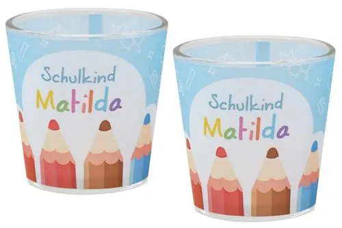 ZauberDeko Windlicht Banderole Buntstifte Kerzenglas Votivglas Einschulung Schulbeginn PERSONALISIERT 7,5cm Hoch, Menge:2 Stück