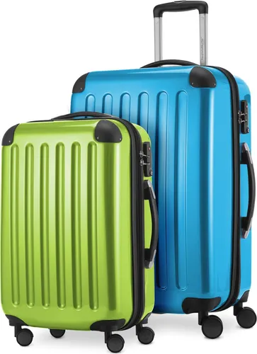 Alex Kofferset - 2er Set Handgepäck & Mittelgroßer Koffer - Hochwertiges Kofferset mit erweiterbarem Volumen von bis zu 20%, ausgestattet mit 4 leisen 360°-Spinnerrollen für müheloses Manövrieren. Stilvolle Hartschale in Cyanblau-Apfelgrün, ideal für jeden Reisenden.
