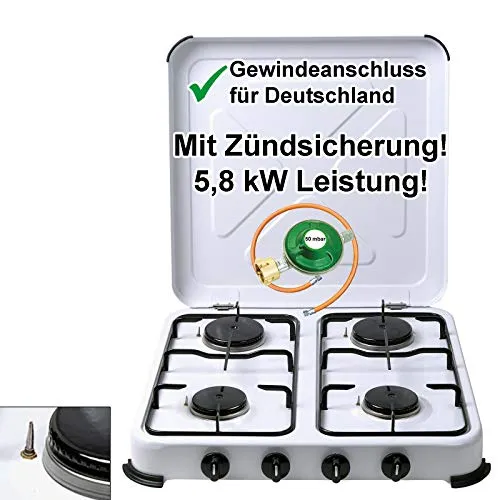 Bluecraft Campingkocher 4 flammig mit Zündsicherung Gaskocher mit 5,8 kW Leistung für Gasflaschen Vierfach Gasherd mit Zubehör 50 mbar Gasregler Gasschlauch für Camping Outdoor Garten & Freizeit