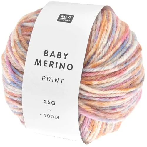Rico Design Baby Merino Print Babywolle, 25g, 100m, Nadel 4.0, 100% Schurwolle, für Pullover Gr. 74/80 waschbar bei 30°C im Schonwaschgang Blumen