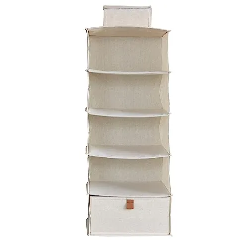Love IT Store IT - Premium - Hängeregal für den Kleiderschrank - Schrank Organizer aus Stoff - Verstärkt mit Holzplatte - 4 Fächer und 1 Schublade - Beige - 30x30x75 cm