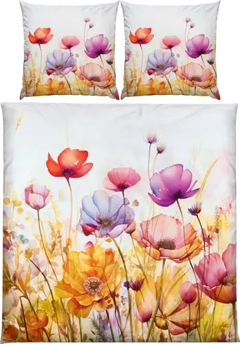 Erwin Müller Mako-Satin Bettwäsche Mohnblume Aquarell-Stil bunt Größe 80x80 cm / 200x200 cm - seidig weiche Qualität, temperaturausgleichend, mit Reißverschluss