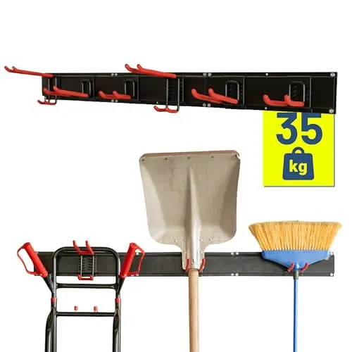 Pallit Gerätehalter Wand BRACKET-S Wandhalterung Gartengeräte Set | Schienensystem mit 3 Schienen & 6 Haken für Garage, Schuppen und Keller – bis 35 kg, flexibel erweiterbar