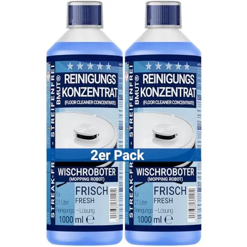 Wischroboter Reinigungsmittel Konzentrat 2x1000ml | streifenfrei & schaumarm - Bodenreiniger für alle wasserbeständigen Böden, extra frischer Duft und hohe Ergiebigkeit. Perfekt für eine gründliche, schonende Reinigung mit 21 Litern Lösung pro 1 Liter Konzentrat.