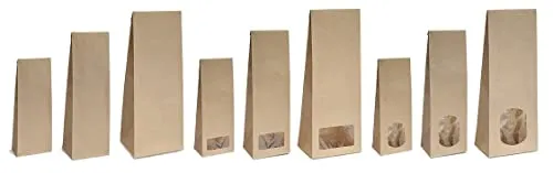 10x Blockbodenbeutel mit ovalem Sichtfenster - 500g - Größe 10,5 x 6 x 29 cm - Papiertüten Bodenbeutel Geschenktüte Papierbeutel Tütchen Kraftpapier Papierbeutel Adventskalendertüten zum Befüllen