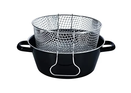 Riess Pommes-Frites Pfanne Ø20cm - Schwarz Emaille - Hochwertige Frittierpfanne aus robuster Emaille, ideal für alle Herdarten inkl. Induktion. Mit praktischem Siebeinsatz für einfaches Abtropfen und gesünderes Kochen.