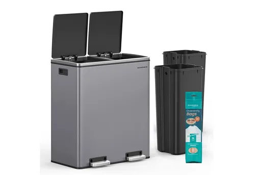 SONGMICS Mülleimer mit 2 Fächern, 2 x 30 L - Praktisches Mülltrennsystem für die Küche, schiefergrau, mit 2 Fächern für einfache Mülltrennung und ein modernes Design.