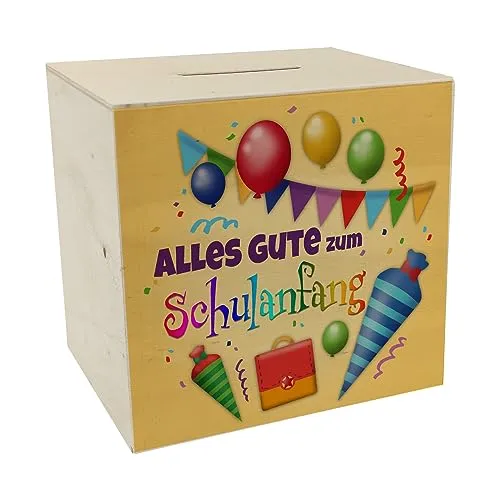 Alles Gute zum Schulanfang Spardose aus Holz zur Einschulung als hübsche Geschenkidee für Jungen und Mädchen die endlich in die Schule kommen und Sich darauf freuen