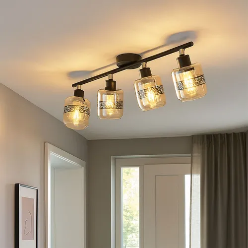 Verstellbare Deckenlampe mit Lebensblume-Dekor - 70 cm - Lampen mit beweglichem Strahler aus schwarzem Metall und edlem amber Glas. Ideal zur individuellen Raumgestaltung und für stimmungsvolle Beleuchtung.