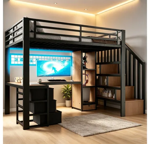Redom Hochbett Schwarz 140x200 cm mit LED-Beleuchtung - Modernes Hochbett für Kinder- und Jugendzimmer mit integriertem Schreibtisch und viel Stauraum. Die LED-Beleuchtung ist per App steuerbar und schafft eine stimmungsvolle Atmosphäre.