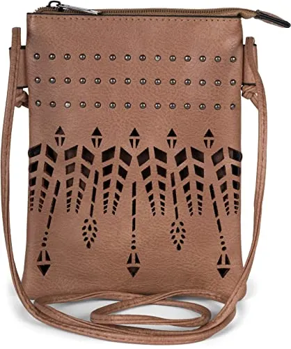styleBREAKER Damen Mini Bag Umhängetasche Ethno Style und Nieten, Schultertasche, Handtasche, Tasche 02012260, Farbe:Braun