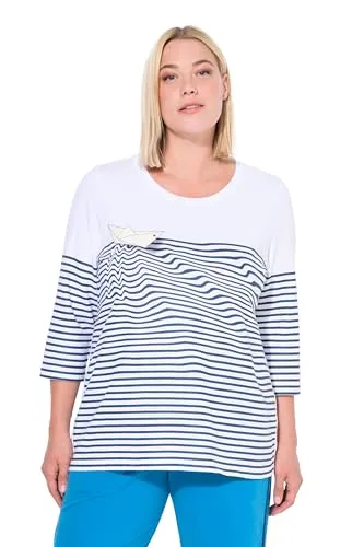 Ulla Popken Ringel Longsleeve Shirt mit U-Boot-Ausschnitt - Sportliches Shirt in schneeweiß mit 3/4-Ärmeln, perfekt für Fitness und Freizeit. Aus 92% Baumwolle für angenehmen Tragekomfort.