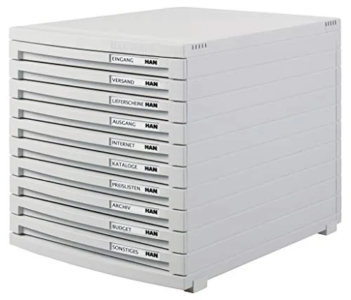HAN CONTUR 1510-11 Schubladenbox Lichtgrau - Stiftebox mit 10 Schubladen für DIN A4/B4/C4, ideal zur perfekten Organisation. Made in Germany, stabil und platzsparend dank innovativer Steckverbindung.