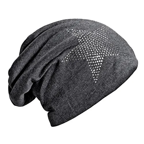 DonDon Mütze Damen Wintermütze Slouch Beanie gefüttert mit Strass Stern grau