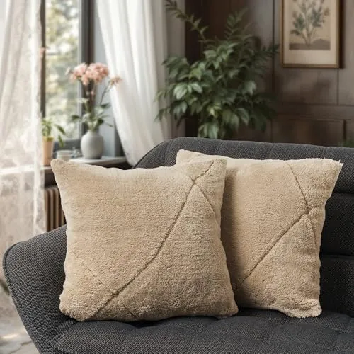 Paco Home 2er Set Kissenbezug Dekokissen Dekorativ Kissenhülle Wohnzimmer Zierkissen Sofakissen Raute Skandi 3D Waschbar, Farbe:Beige, Sets:2pcs-Set