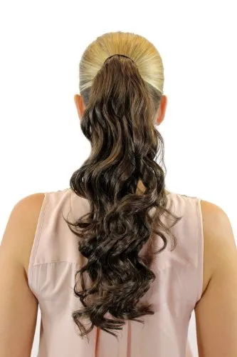 WIG ME UP Haarteil Zopf Pferdeschwanz neues System mit Steckkamm Haarreif Haarband Mittelbraun Hellbraun Braun gewellt leicht lockig 45 cm ROSY-10