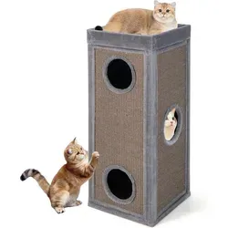 GOPLUS Katzenbaum mit 3 Höhlen – 4-stöckiger Kratzbaum in Grau - Der kompakte 4-stöckige Katzenbaum bietet 3 geräumige Höhlen und eine bequeme Schlafplattform. Mit Sisal-Kratzbrettern schützt er Möbel und sorgt für Spielspaß. Ideal für kleine Räume!