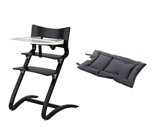 Leander Stuhl black - Hochstuhl - Kinderstuhl - Erwachsenenstuhl mit Babybügel + Tablett weiß + Kissen dark grey
