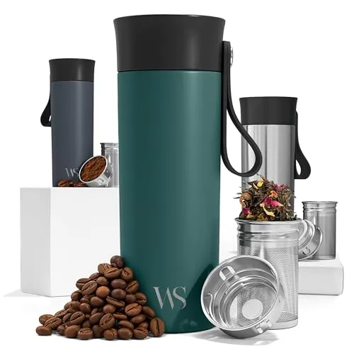Thermobecher Kaffee To Go Kaffeebecher Edelstahl 360ml + Trageriemen & Tee-Infuser - Trinkbecher Cafe Tee Auslaufsicher BPA-frei | 6h Heiß 10h Kalt Vakuum-Isolierbecher Coffee Travel Mug Thermosbecher