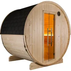 Sentiotec Kuusi 180 Fasssauna aus Fichte - Sauna aus hochwertiger Fichte mit Dacheindeckung, ideal für entspannende Momente im Garten und perfekte Wärmeisolierung.