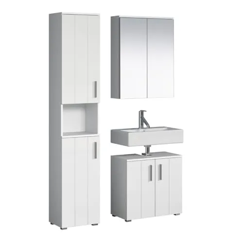 trendteam 3-teiliges Badset Wons in Weiß Hochglanz - Badezimmer Set mit modernem Design, bestehend aus Hochschrank, Spiegelschrank und Waschbeckenunterschrank, ideal für Ordnung und Stauraum.