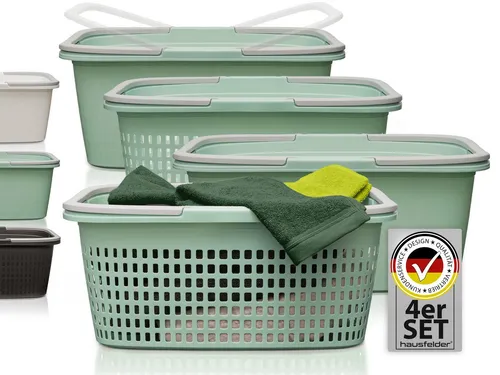 Hausfelder Wäschekorb Wäschewanne 58x37x25cm (Jadegrün, 2 Körbe + 2 Wannen, 35 l) (Set, 4 St., 2 x Wäschekorb + 2 x Wäschewanne), mit klappbaren Henkeln, mit Griffen, 35 Liter