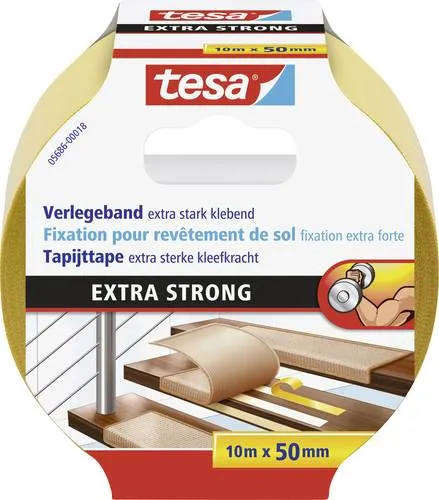 TESA EXTRA STRONG Verlegeband 10m x 50mm – Orange - Das starke doppelseitige tesa Verlegeband sorgt für sicheren Halt von Teppichen und PVC-Belägen. Ideal für feuchte Räume und einfach anzuwenden – kein Verrutschen mehr!