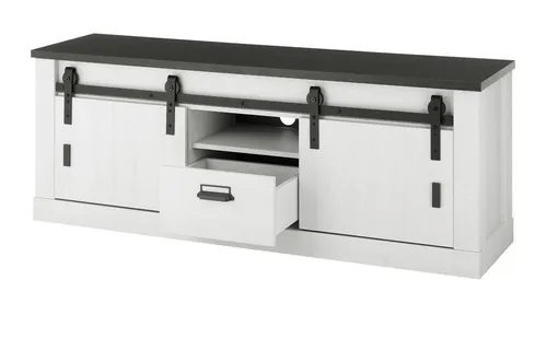 Furn.Design Lowboard Stove - TV Unterschrank in Weiß Pinie - TV-Lowboard im Landhausstil, 162 x 61 cm, mit rustikalem Scheunentorbeschlag und Soft-Close-Funktion für leises Schließen. Ideal für Wohnzimmer, bietet viel Stauraum und ist pflegeleicht.