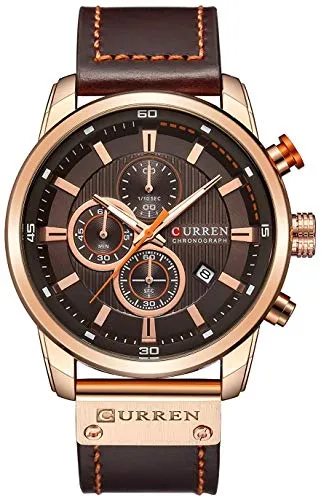 Herren-Armbanduhr mit Lederband, klassisch, lässig, Edelstahl, wasserdicht, Chronograph, Datum, analog, Quarzuhr (dunkelbraun), Dunkelbraun, Sportlich