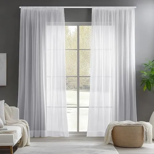 Deconovo Gardinen Wohnzimmer Transparent Vorhänge mit Kräuselband für Schiene, 175x140 cm(HöhexBreite), Weiß, 2er Set