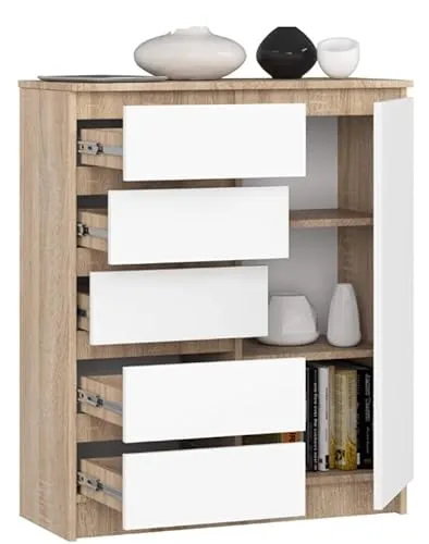 BDW - Kommode mit 5 Schubladen und 1 Tür - 80 cm breit, 97 cm hoch - Schrank, Sideboard, Mehrzweck-, Schuhschrank, Schubladenkommode, Aktenschrank - Wohn-, Schlafzimmer, Flur (Eiche-Sonoma/Weiß)