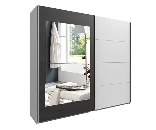 Moderner Schwebetürenschrank 2-türig B225/H208/T65 cm mit Spiegeltür, 2 Einlegeböden u. 2 Kleiderstangen höhenverstellbar, Kleiderschrank in Weiß mit Abs. in grauer Stahl-Optik / 22005