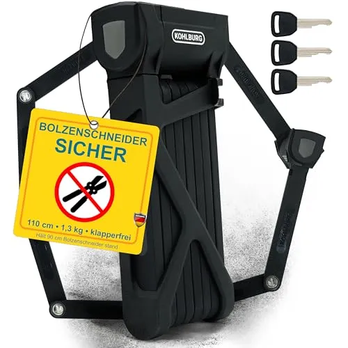 KOHLBURG 110cm Fahrrad Faltschloss Schlüssel [Bolzenschneider-sicher] als e Bike Schloss & Fahrradschloss Faltschloss – Fahrradschloss hohe Sicherheit mit Halterung Escooter – Bike Lock