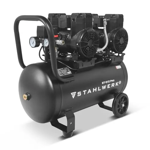 STAHLWERK Kompressor ST-510 Pro – 10 bar, 50 L, 3,94 PS - Ölfreier Druckluft-Kompressor mit 50 L Kesselvolumen und 500 l/min Ansaugleistung. Ideal für Druckluft-Werkzeuge, leise im Betrieb mit nur 70 dB und robustem Design für einfache Handhabung.