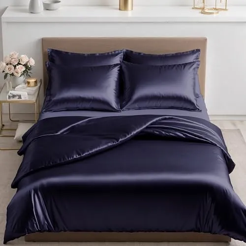 Cozyor Satin Bettwäsche 135x200 extra dick und weich mit robustem Reißverschluss Kissenbezug 40x80 cm, edles Satin 2-teilig, dunkelblau Ocean
