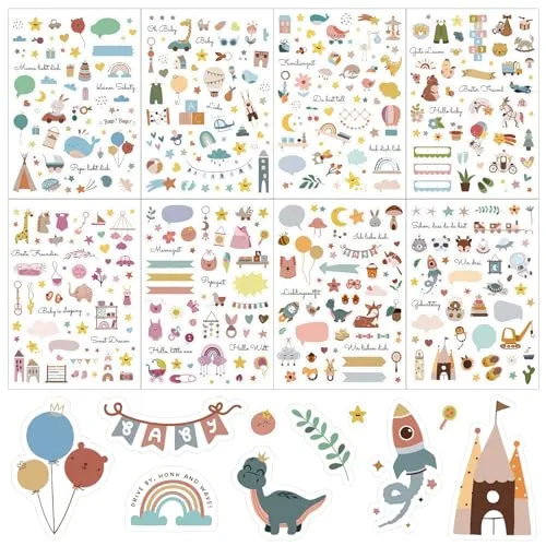 BETESSIN 440 Sticker Baby Aufkleber Fotoalbum Sticker Babyalbum für Mädchen Junge 8 Bögen für Gästebuch Babyparty Gastgeschenk mit Sprüchen Tieren zum Gestalten von Scrapbook Bullet Journal