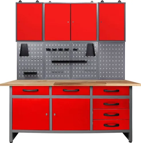 ONDIS24 Werkstatt-Set 160 cm rot - Werkstatteinrichtung mit 6 Schubladen und 6 Türen, belastbar bis 600 kg – ideal für Hobbybastler und Profis, bietet viel Stauraum und ist abschließbar.