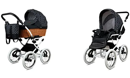 BabyLux ALU 2in1 Kinderwagen für Kleinkinder – Kinderwagen für Neugeborene und Kleinkinder – Baby Neugeborenen Kinderwagen – 59x105x125cm – Max. 15kg – White Dots White Frame
