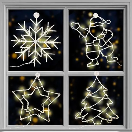 com-four® 4X LED Weihnachtsbeleuchtung XL - Fenster Lichterkette mit Saugnapf-Befestigung 35-42 cm - Warmweiße LED Deko mit 24 Lichtern - Batteriebetriebene Fensterdeko für Weihnachten (4 Stück)