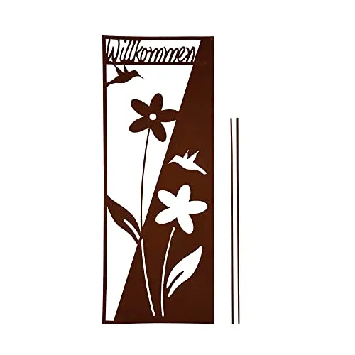 UNUS Garden Gartenschild Willkommen mit Blumen, Design Gartendeko Rostoptik, Gartenstecker aus Edelrost, Rost Deko für Garten
