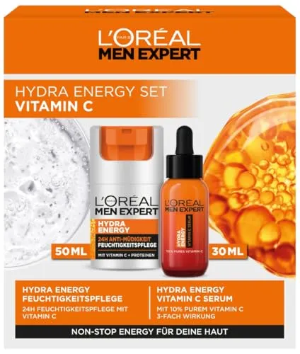 L'Oréal Men Expert Pflegeset gegen müde Haut für Männer, Geschenkset mit Serum und Gesichtscreme 24H Anti-Müdigkeit, Geschenke für Herren mit Vitamin C, Hydra Energy, 1 x 30 ml, 1 x 50 ml